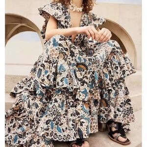 Ulla Johnson Plunging V-neck Delila Cotton Poplin Dress Clematis Print U…